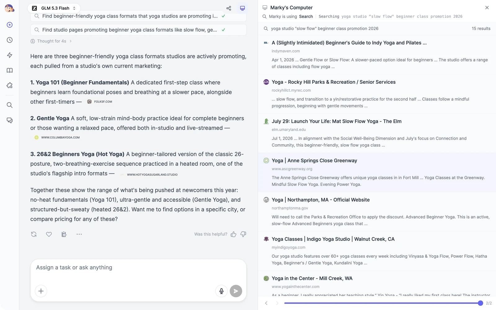 The Marky's Computer panel on the right, showing Marky is using Search with 15 web results for a query about beginner yoga classes, next to Marky's answer in the chat