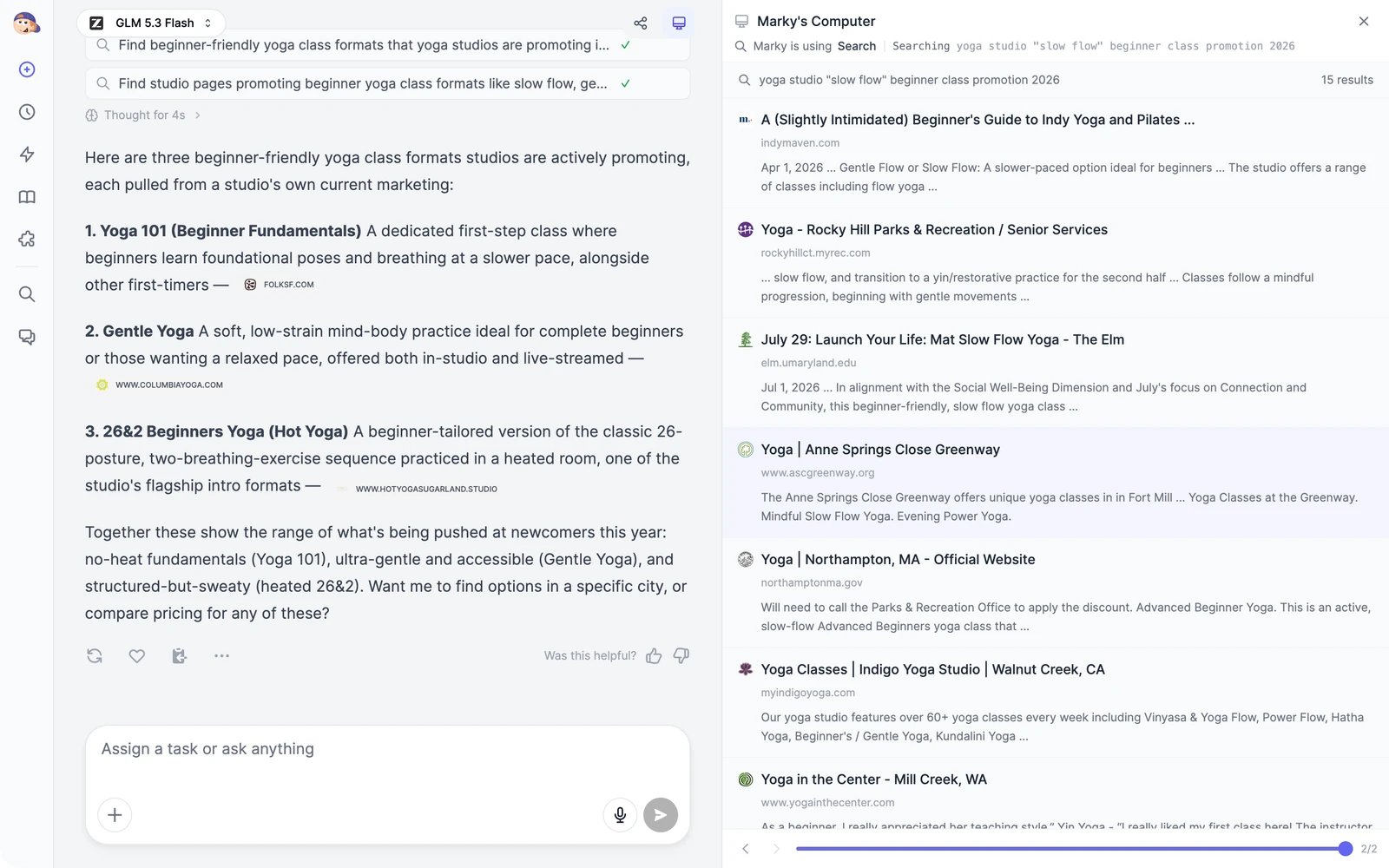 The Marky's Computer panel on the right, showing Marky is using Search with 15 web results for a query about beginner yoga classes, next to Marky's answer in the chat