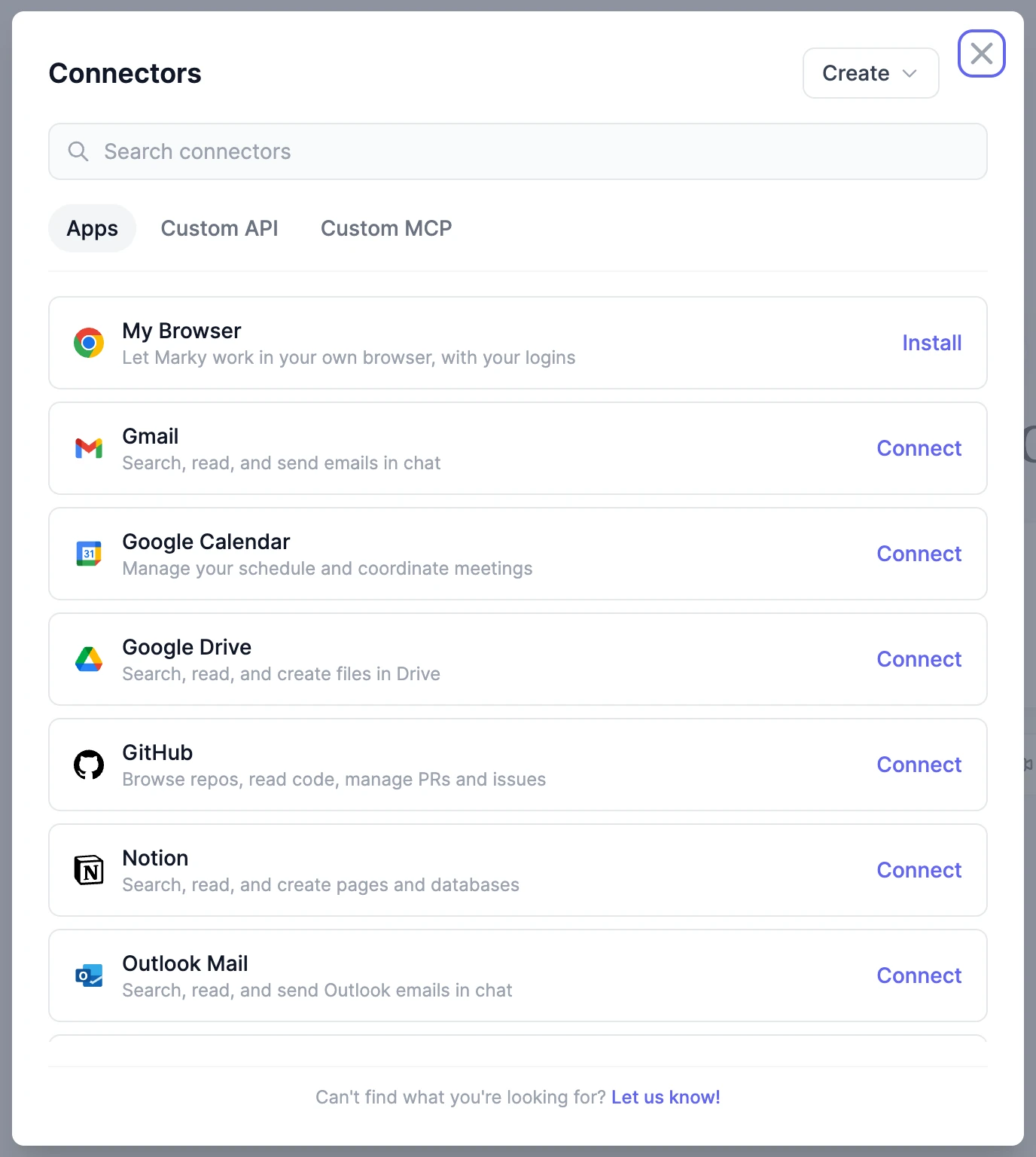 The Connectors window with the Apps, Custom API, and Custom MCP tabs, a search box, and rows for My Browser, Gmail, Google Calendar, Google Drive, GitHub, Notion, and Outlook Mail, each with a Connect or Install button