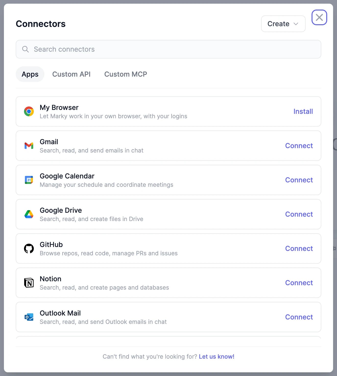 The Connectors window with the Apps, Custom API, and Custom MCP tabs, a search box, and rows for My Browser, Gmail, Google Calendar, Google Drive, GitHub, Notion, and Outlook Mail, each with a Connect or Install button