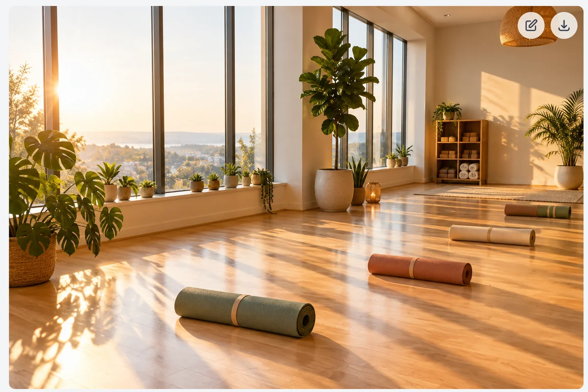 An image Marky made in the chat, a sunlit yoga studio with rolled mats and plants, with edit and download buttons in the top right corner