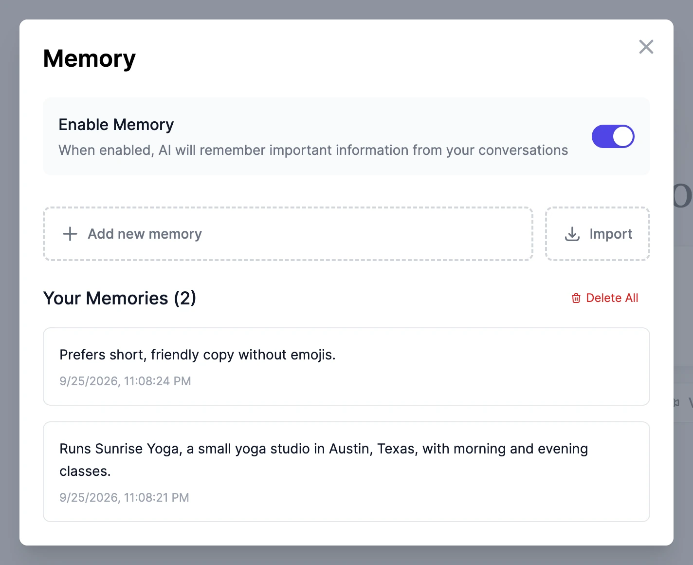 The Memory window with Enable Memory switched on, Add new memory and Import buttons, and two saved memories: prefers short, friendly copy without emojis, and runs Sunrise Yoga, a small yoga studio in Austin, Texas