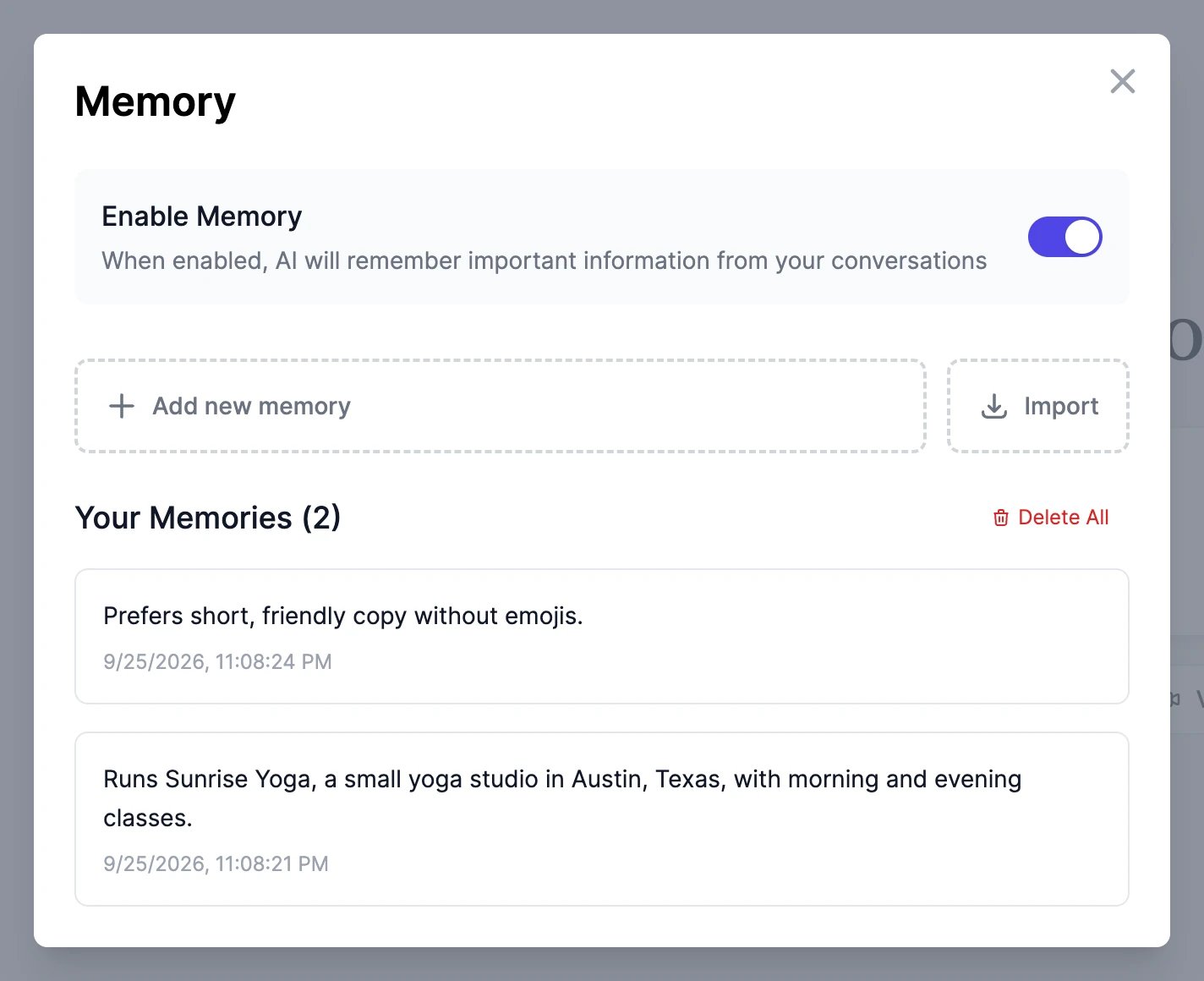 The Memory window with Enable Memory switched on, Add new memory and Import buttons, and two saved memories: prefers short, friendly copy without emojis, and runs Sunrise Yoga, a small yoga studio in Austin, Texas