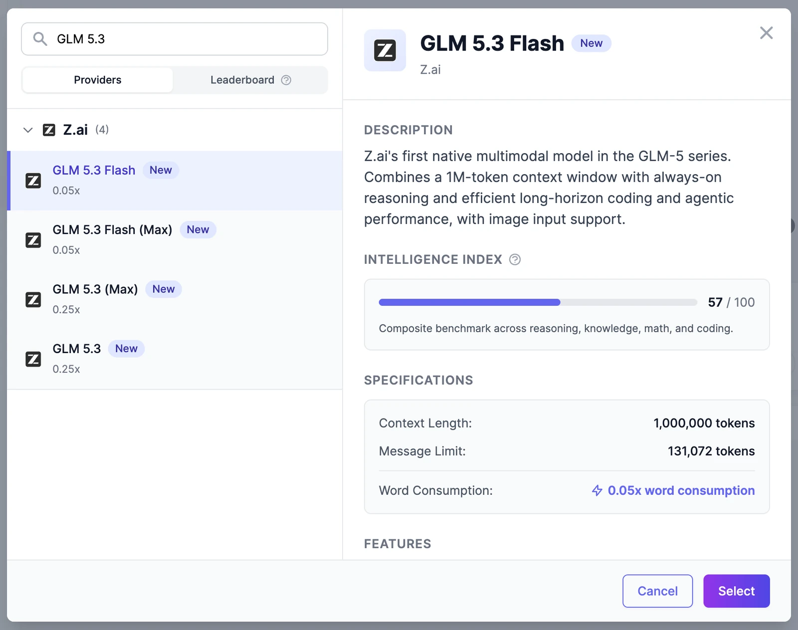 The model picker with a search for GLM 5.3, four Z.ai models with their word rates, and the details of GLM 5.3 Flash: description, Intelligence Index 57 of 100, a 1,000,000-token context length, and 0.05x word consumption