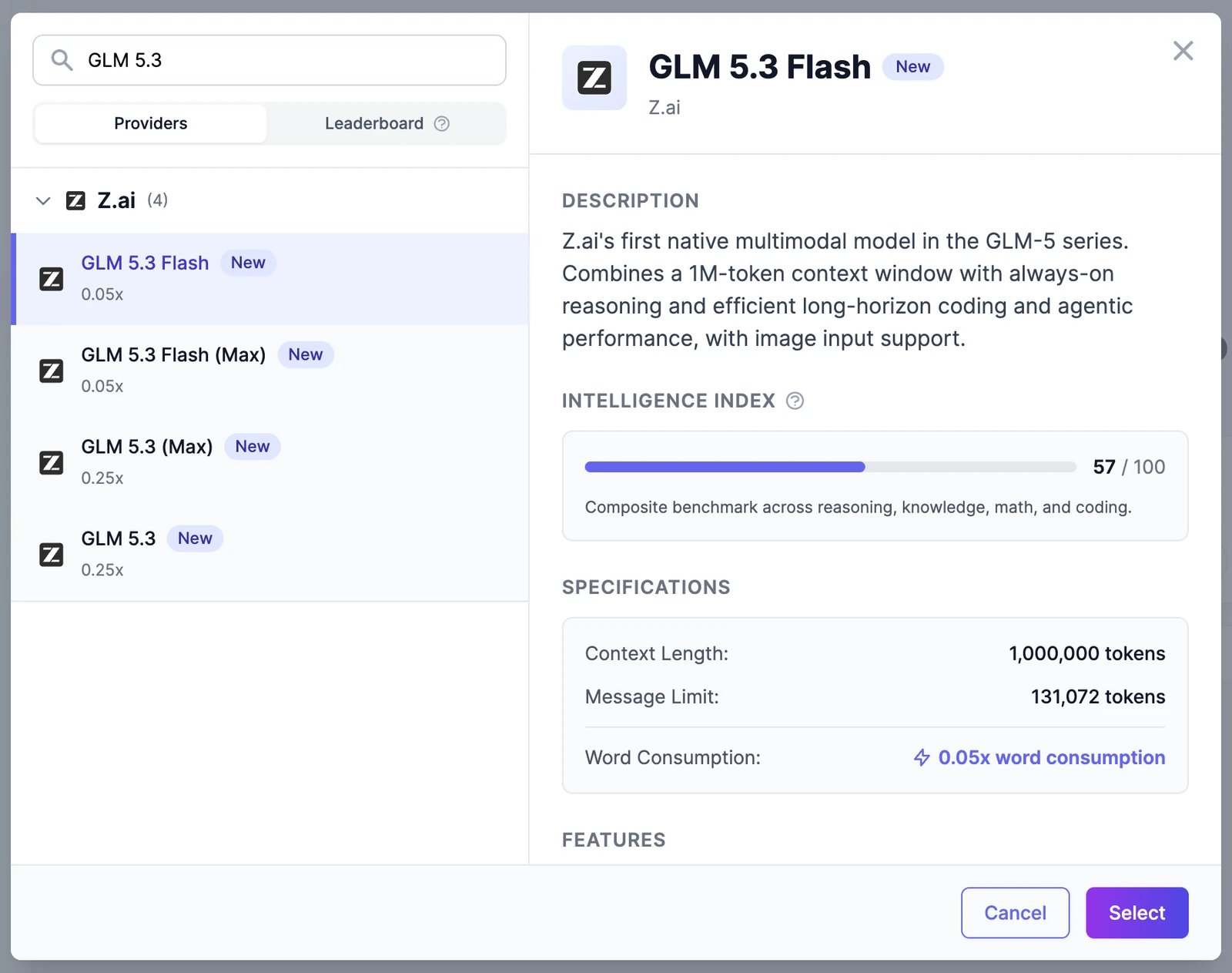 The model picker with a search for GLM 5.3, four Z.ai models with their word rates, and the details of GLM 5.3 Flash: description, Intelligence Index 57 of 100, a 1,000,000-token context length, and 0.05x word consumption