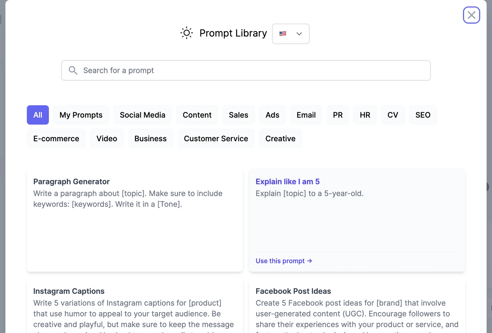 The Prompt Library with a language picker, a search box, categories from All and My Prompts to Creative, and prompt cards such as Paragraph Generator, Explain like I am 5, Instagram Captions, and Facebook Post Ideas