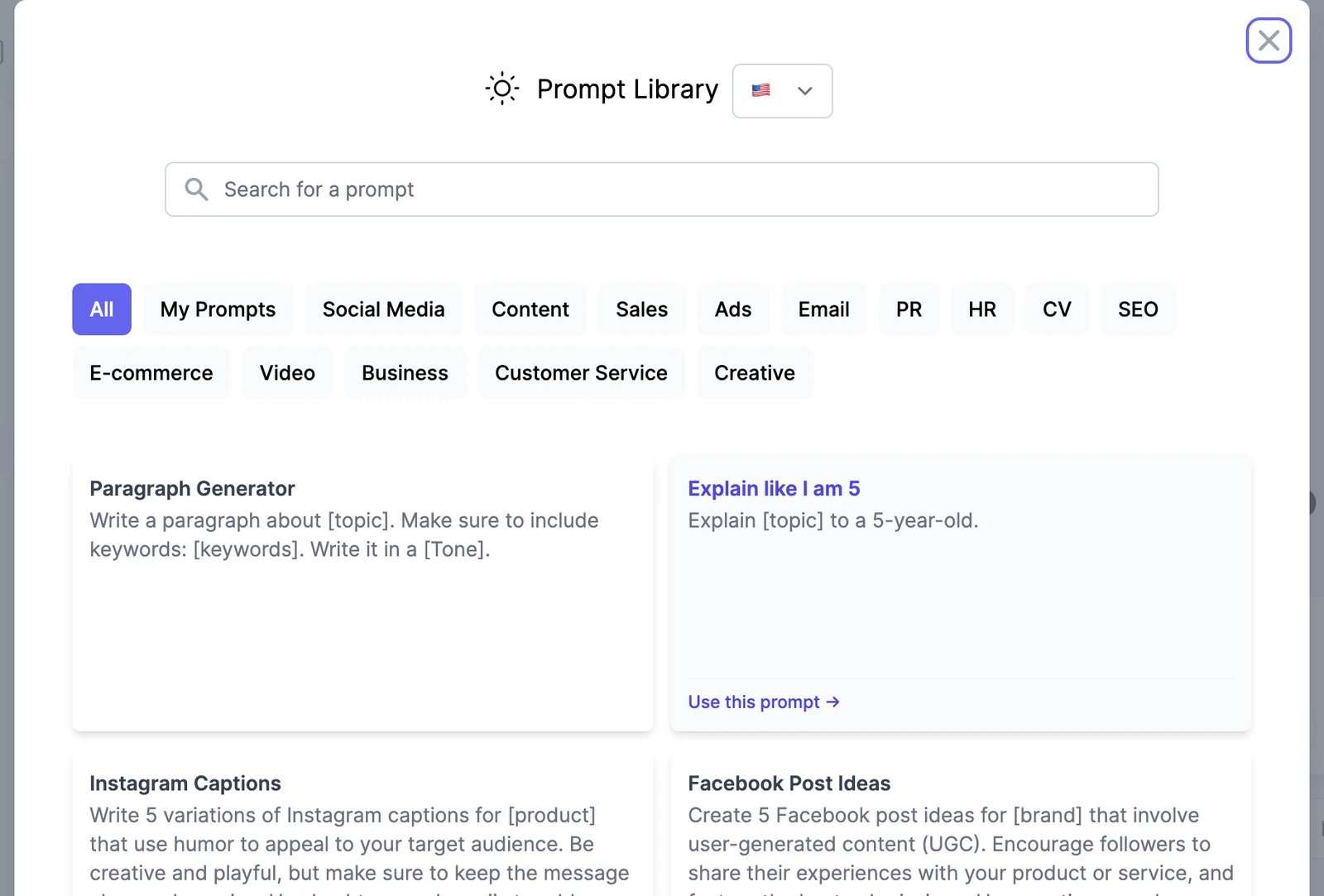 The Prompt Library with a language picker, a search box, categories from All and My Prompts to Creative, and prompt cards such as Paragraph Generator, Explain like I am 5, Instagram Captions, and Facebook Post Ideas