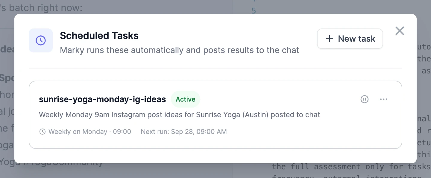 The Scheduled Tasks window with one active task, sunrise-yoga-monday-ig-ideas, set to Weekly on Monday at 09:00 with the next run on September 28