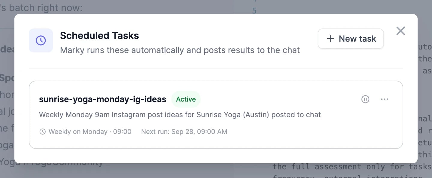 The Scheduled Tasks window with one active task, sunrise-yoga-monday-ig-ideas, set to Weekly on Monday at 09:00 with the next run on September 28