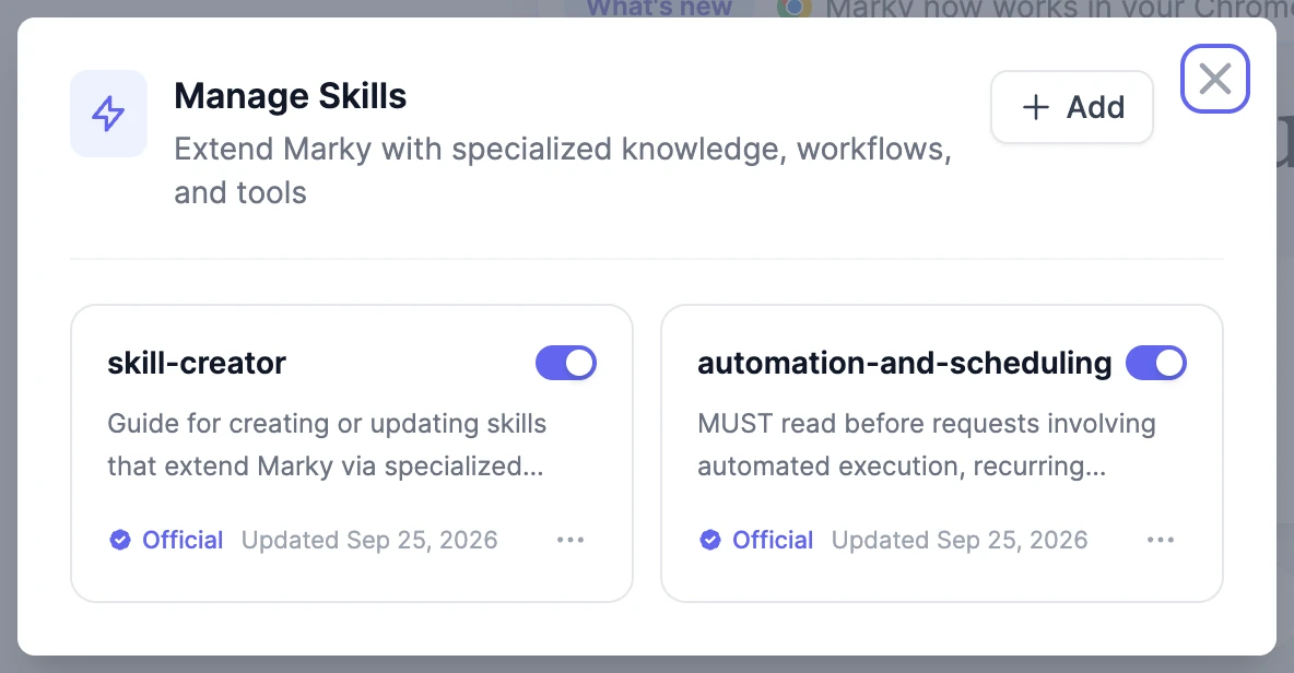 The Manage Skills window with the Official skills skill-creator and automation-and-scheduling, each with an on/off switch and a menu