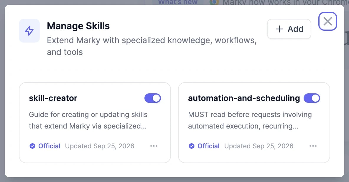 The Manage Skills window with the Official skills skill-creator and automation-and-scheduling, each with an on/off switch and a menu