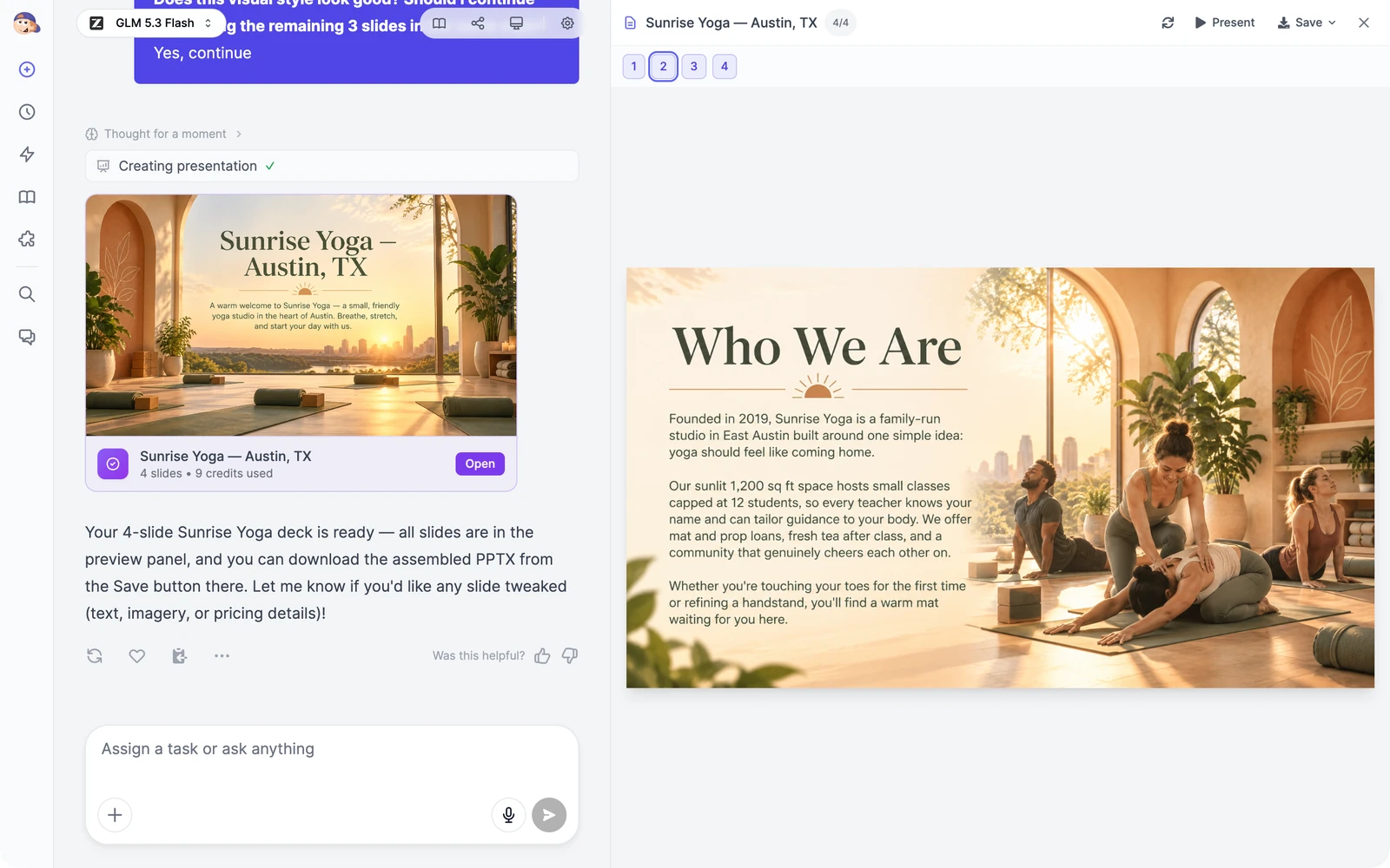 A finished four-slide deck about a yoga studio: the chat on the left shows a delivery card with 4 slides and 9 credits used, and the panel on the right shows the Who We Are slide with the Present and Save buttons