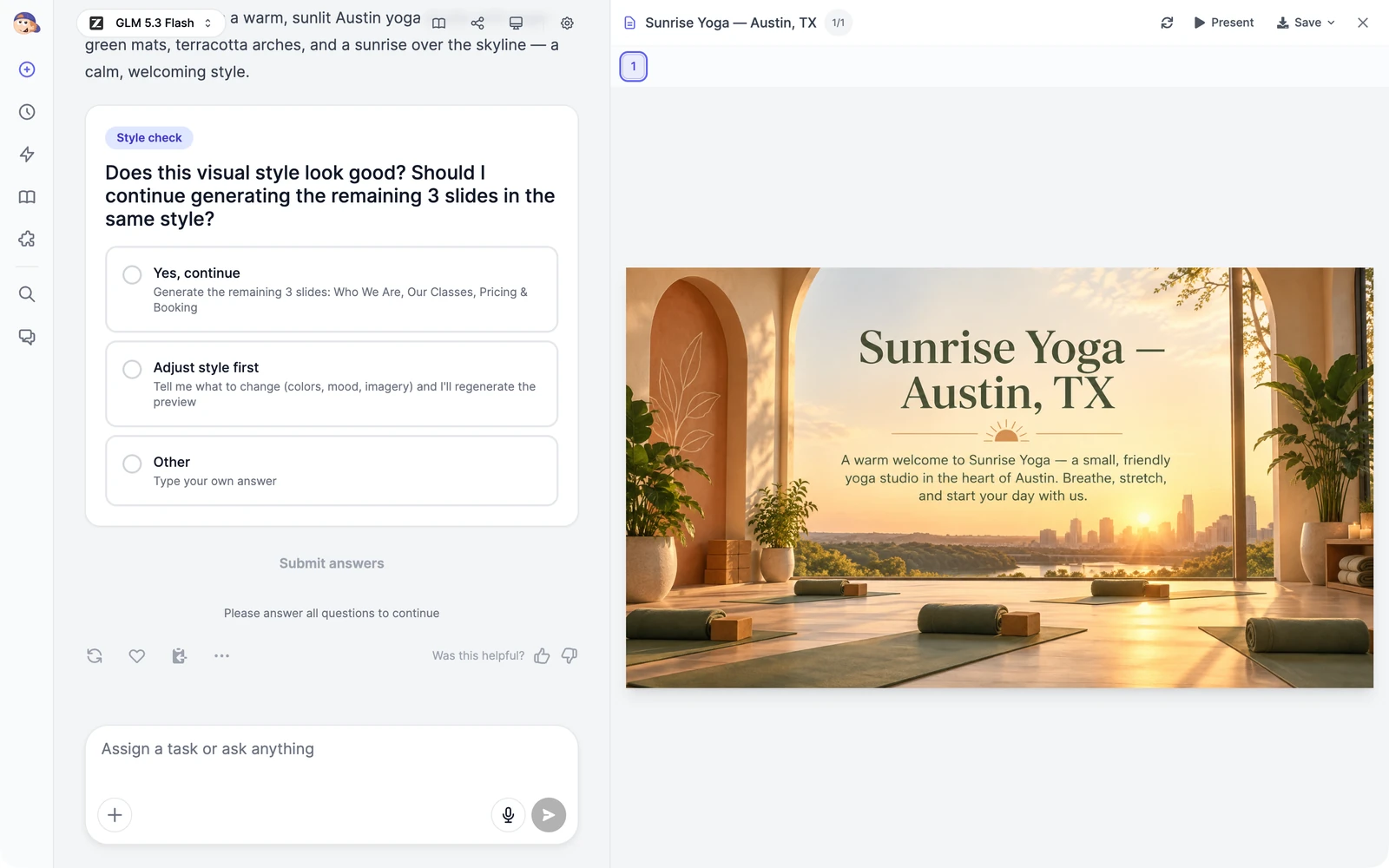 The title slide of the yoga studio deck in the panel on the right, and a Style check question in the chat asking whether to continue, with the options Yes, continue, Adjust style first, and Other