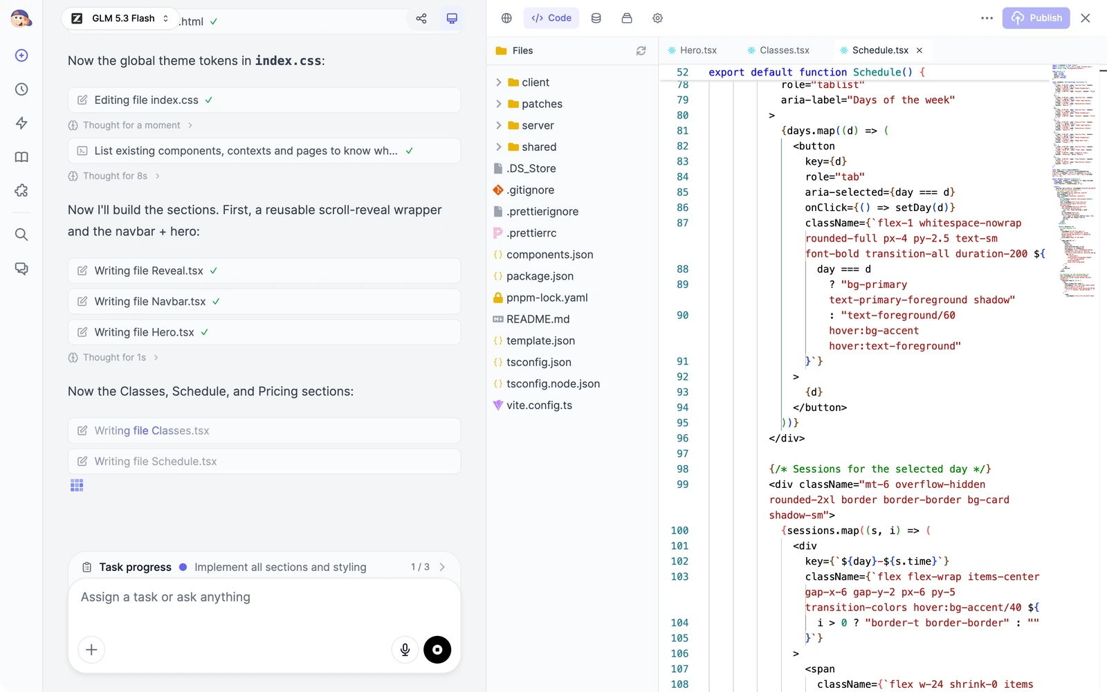 Marky writing the site's files in the chat, with Writing file Classes.tsx and Schedule.tsx steps, and the Code tab on the right showing the project's files and the schedule component being written
