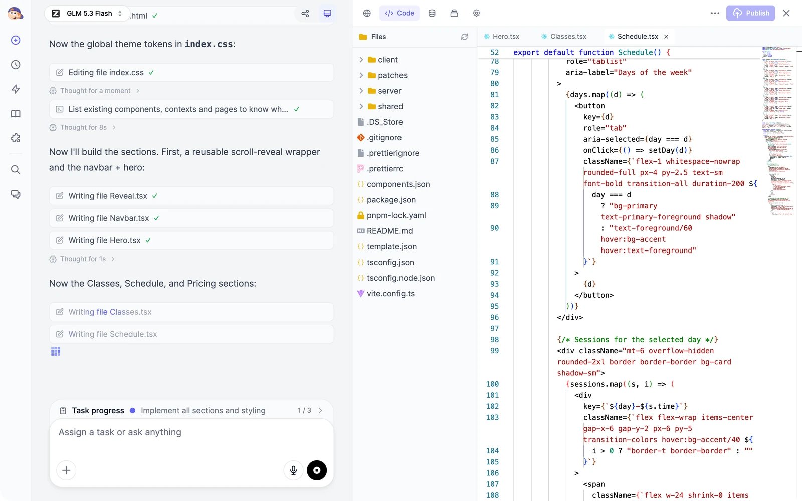 Marky writing the site's files in the chat, with Writing file Classes.tsx and Schedule.tsx steps, and the Code tab on the right showing the project's files and the schedule component being written