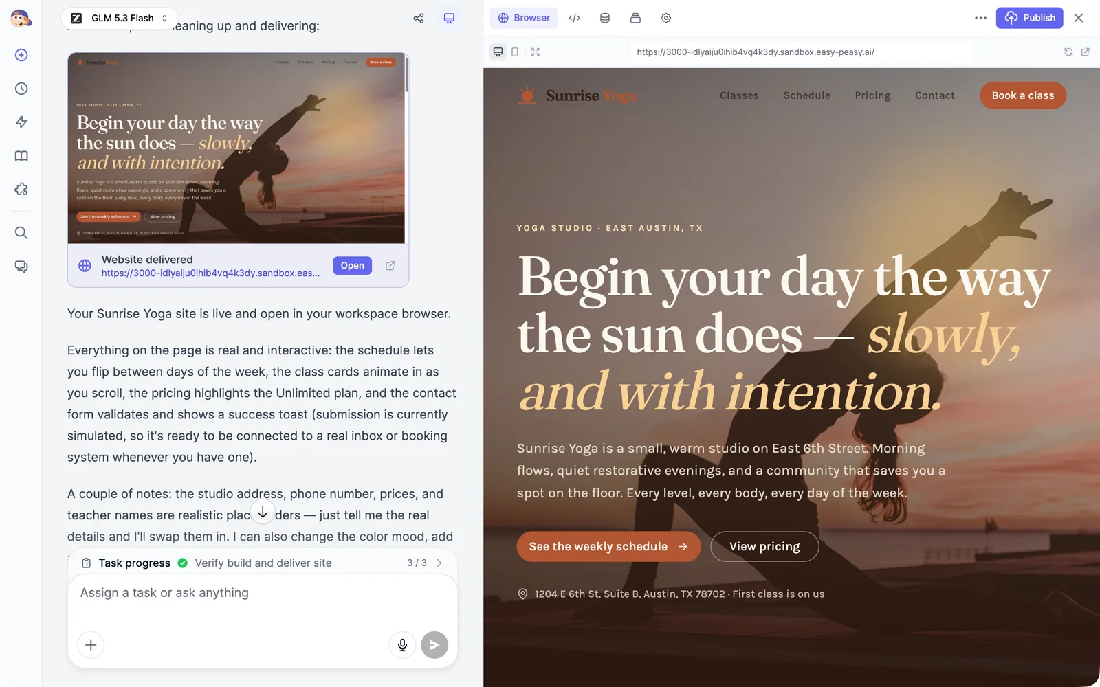 A finished website build: in the chat, a Website delivered card with a thumbnail and an Open button, and Task progress at 3 of 3; on the right, the workspace's Browser tab showing the yoga studio site