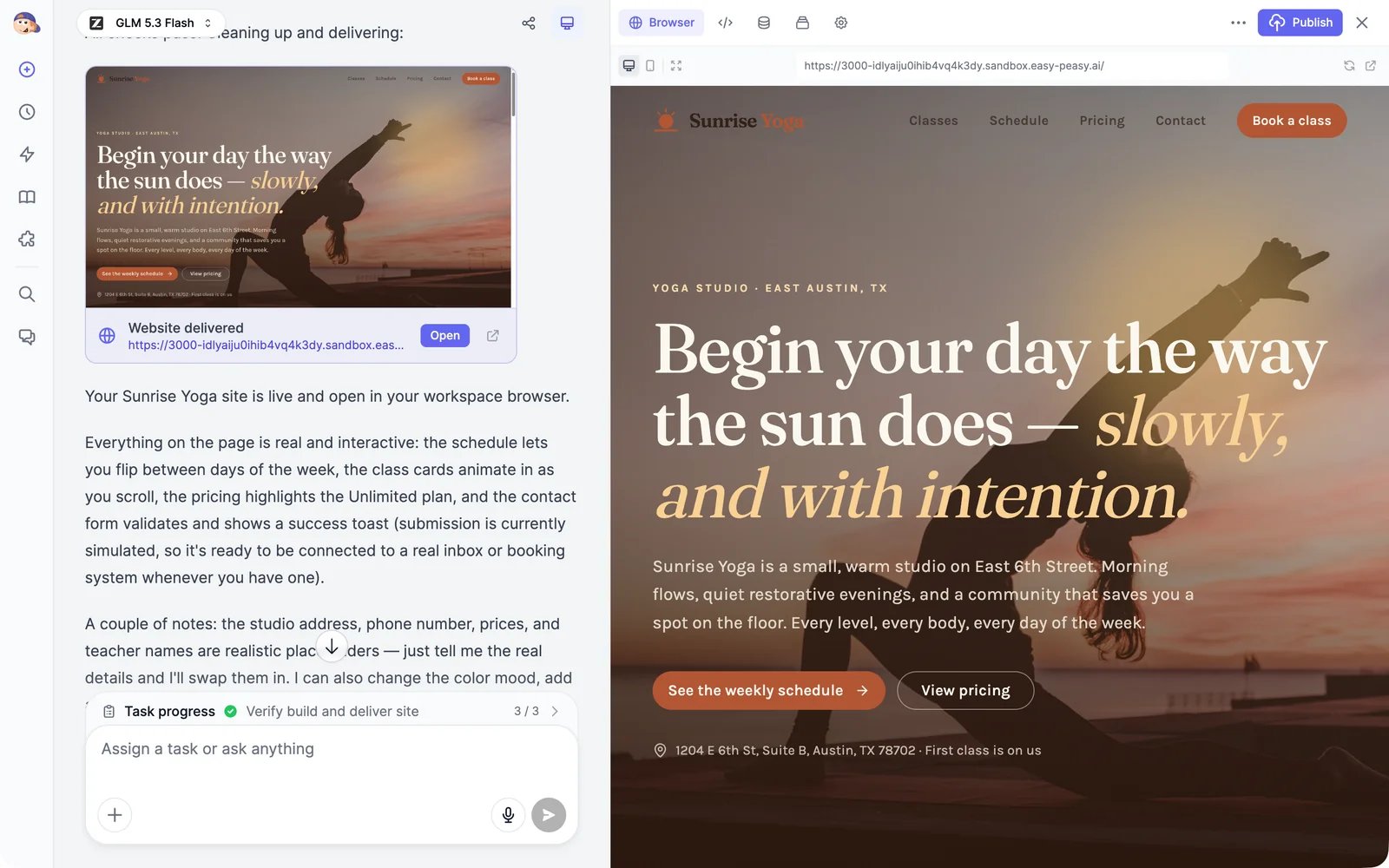 A finished website build: in the chat, a Website delivered card with a thumbnail and an Open button, and Task progress at 3 of 3; on the right, the workspace's Browser tab showing the yoga studio site