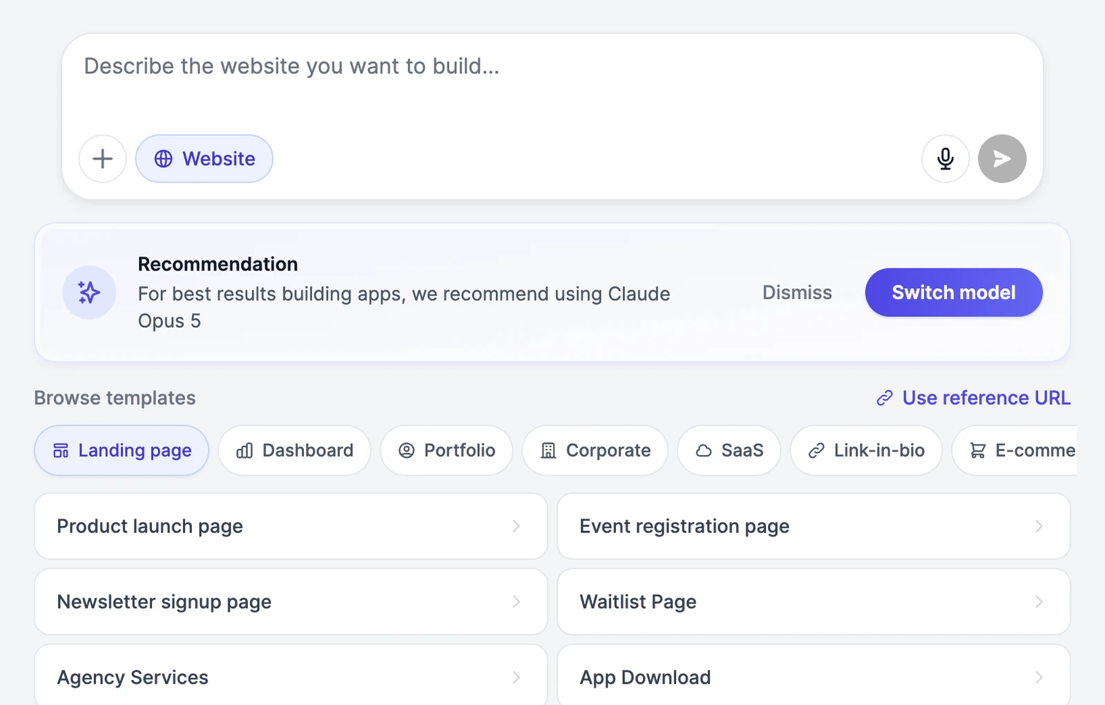 The message box in Website mode, a Recommendation to use Claude Opus 5 with Dismiss and Switch model buttons, and Browse templates with the categories Landing page, Dashboard, Portfolio, Corporate, SaaS, Link-in-bio, and E-commerce, and ideas such as Product launch page and Event registration page