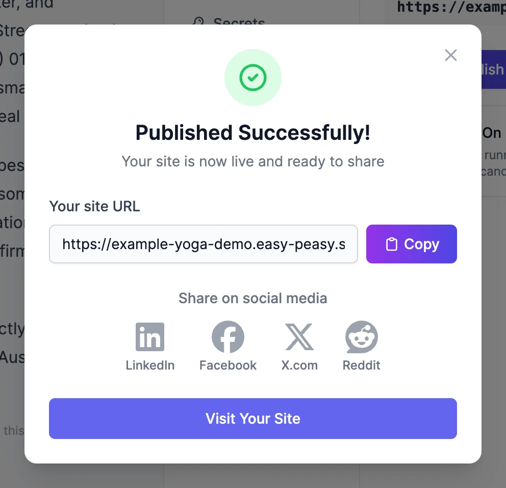 The Published Successfully! window with the site URL, a Copy button, share buttons for LinkedIn, Facebook, X.com, and Reddit, and a Visit Your Site button