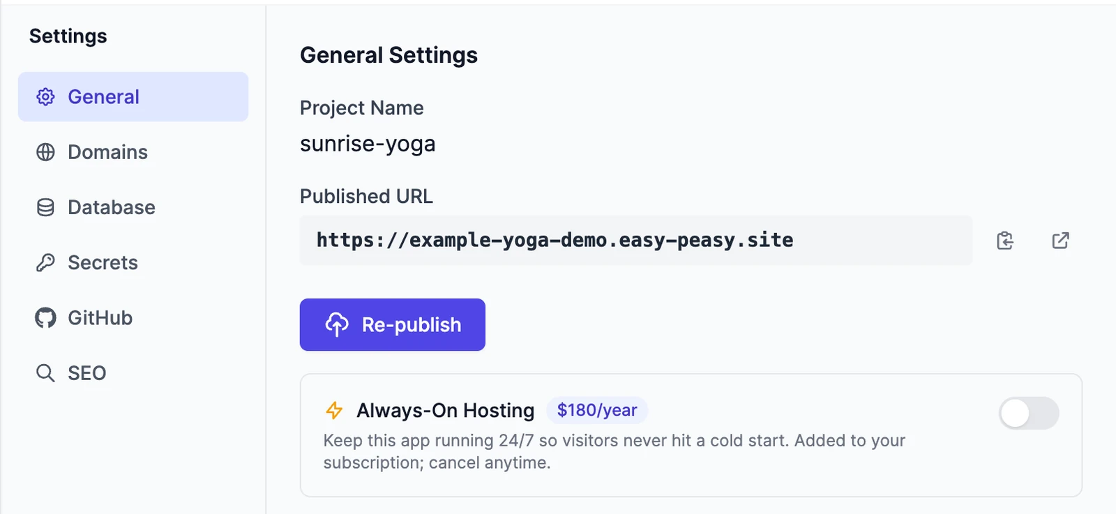 General Settings for a published site: the project name, the published URL with copy and open buttons, a Re-publish button, and an Always-On Hosting switch with its price