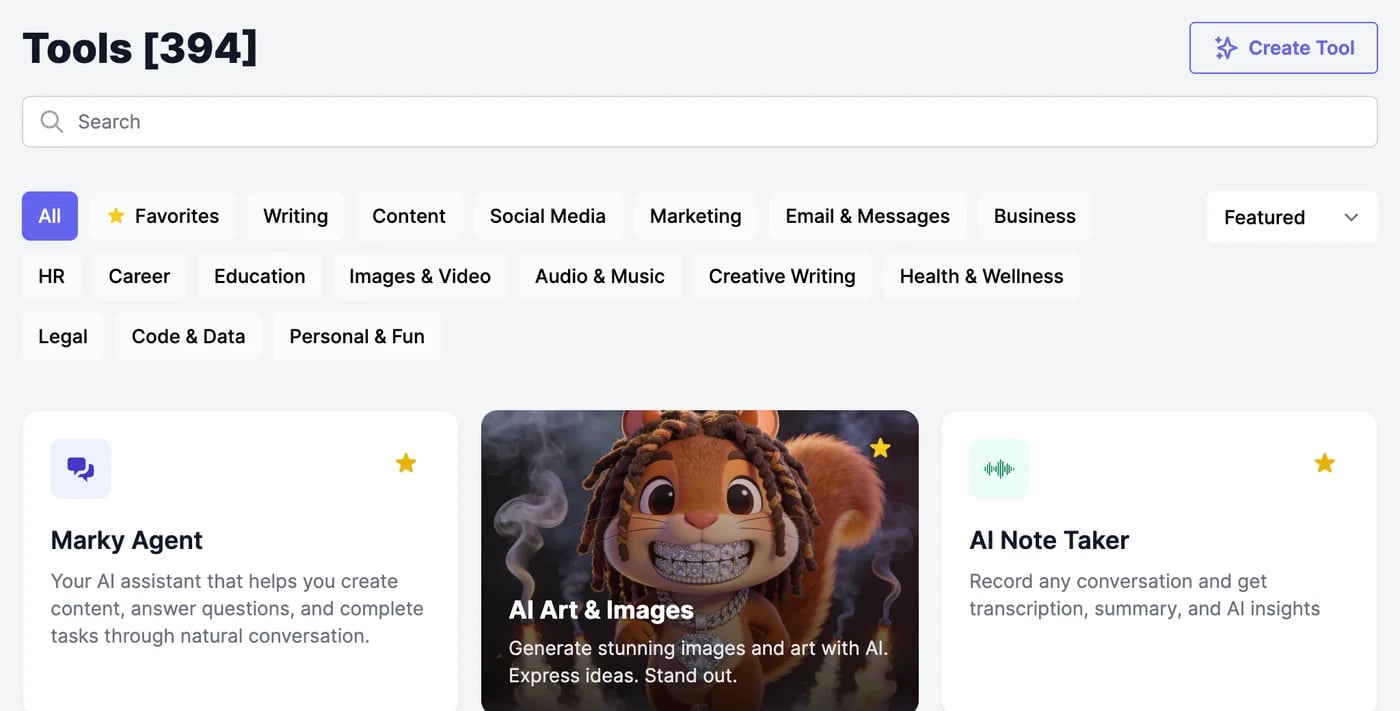 The Tools page with 394 tools, a Create Tool button, a search box, category filters from Favorites and Writing to Personal & Fun, a Featured sort menu, and the first cards: Marky Agent, AI Art & Images, and AI Note Taker