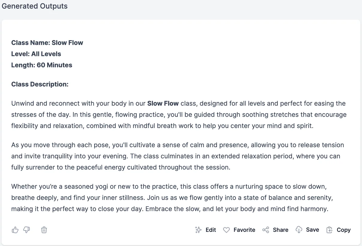 A result from the custom tool: Class Name Slow Flow, Level All Levels, Length 60 Minutes, and a class description inviting students to unwind with soothing stretches, breath work, and an extended relaxation, with the usual result buttons
