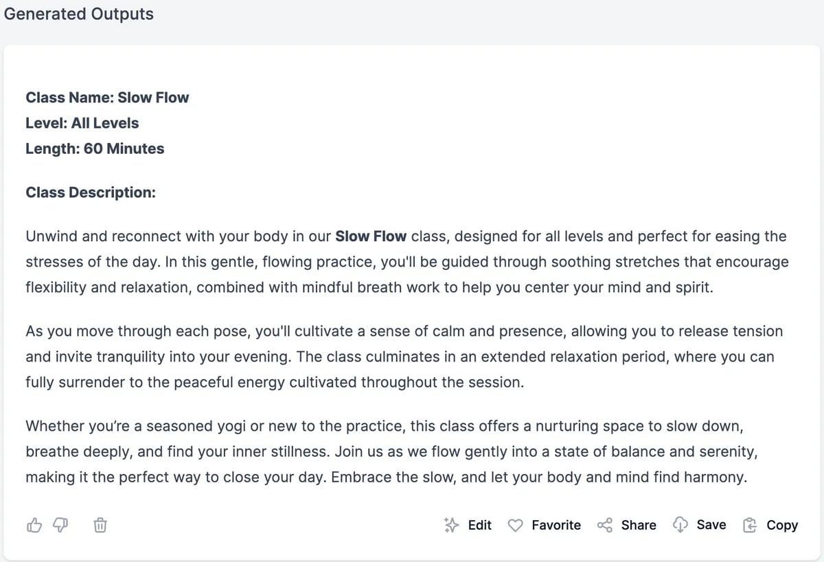 A result from the custom tool: Class Name Slow Flow, Level All Levels, Length 60 Minutes, and a class description inviting students to unwind with soothing stretches, breath work, and an extended relaxation, with the usual result buttons