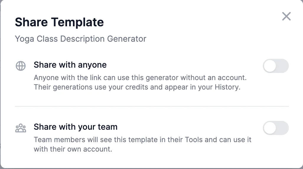 The Share Template window for Yoga Class Description Generator with two switches, Share with anyone and Share with your team, both off