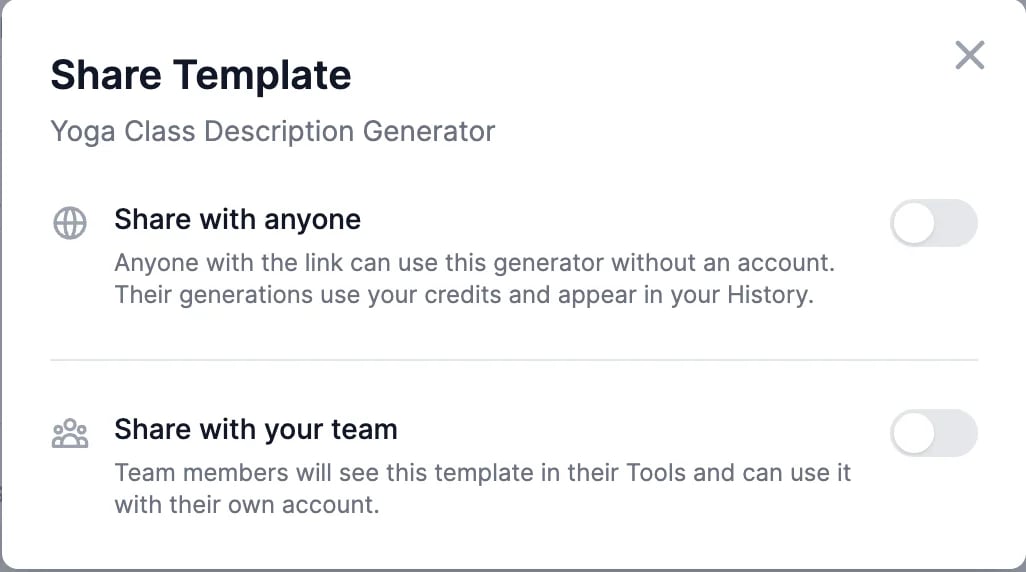 The Share Template window for Yoga Class Description Generator with two switches, Share with anyone and Share with your team, both off