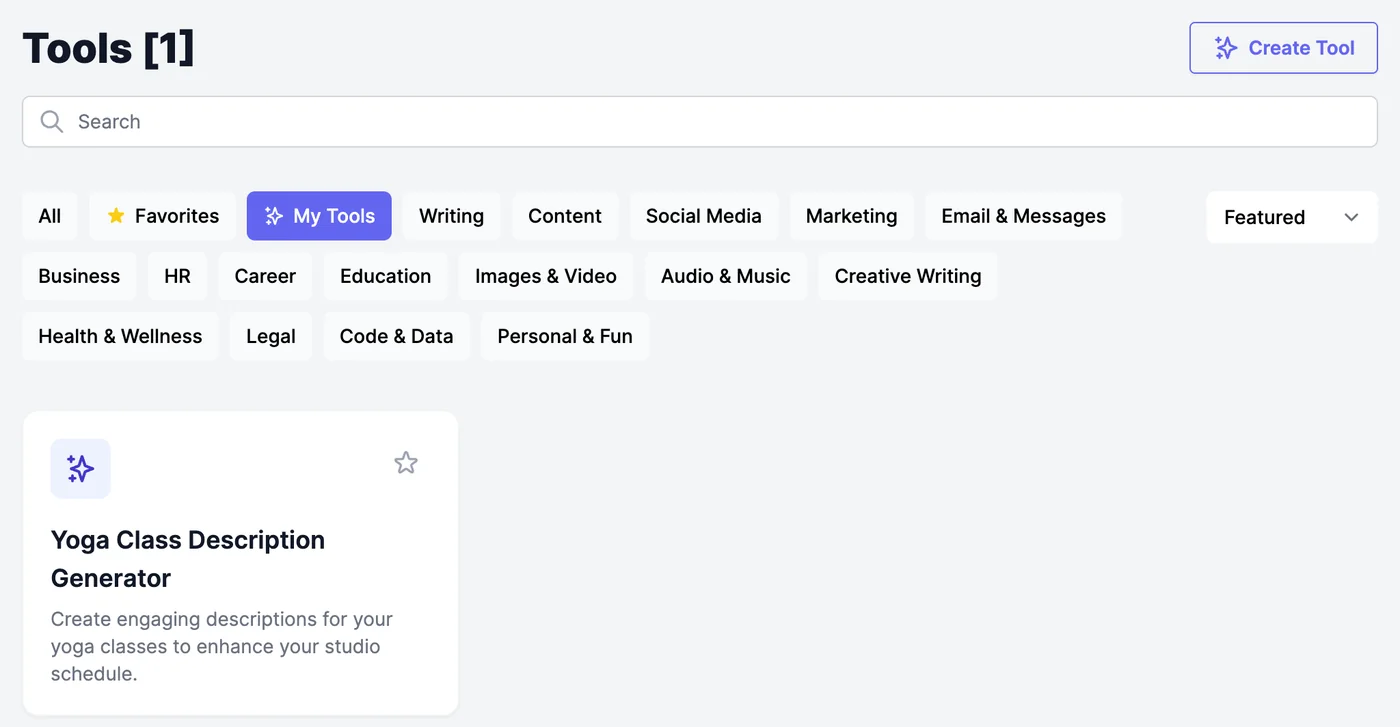 The Tools page filtered to My Tools, showing one tool, Yoga Class Description Generator