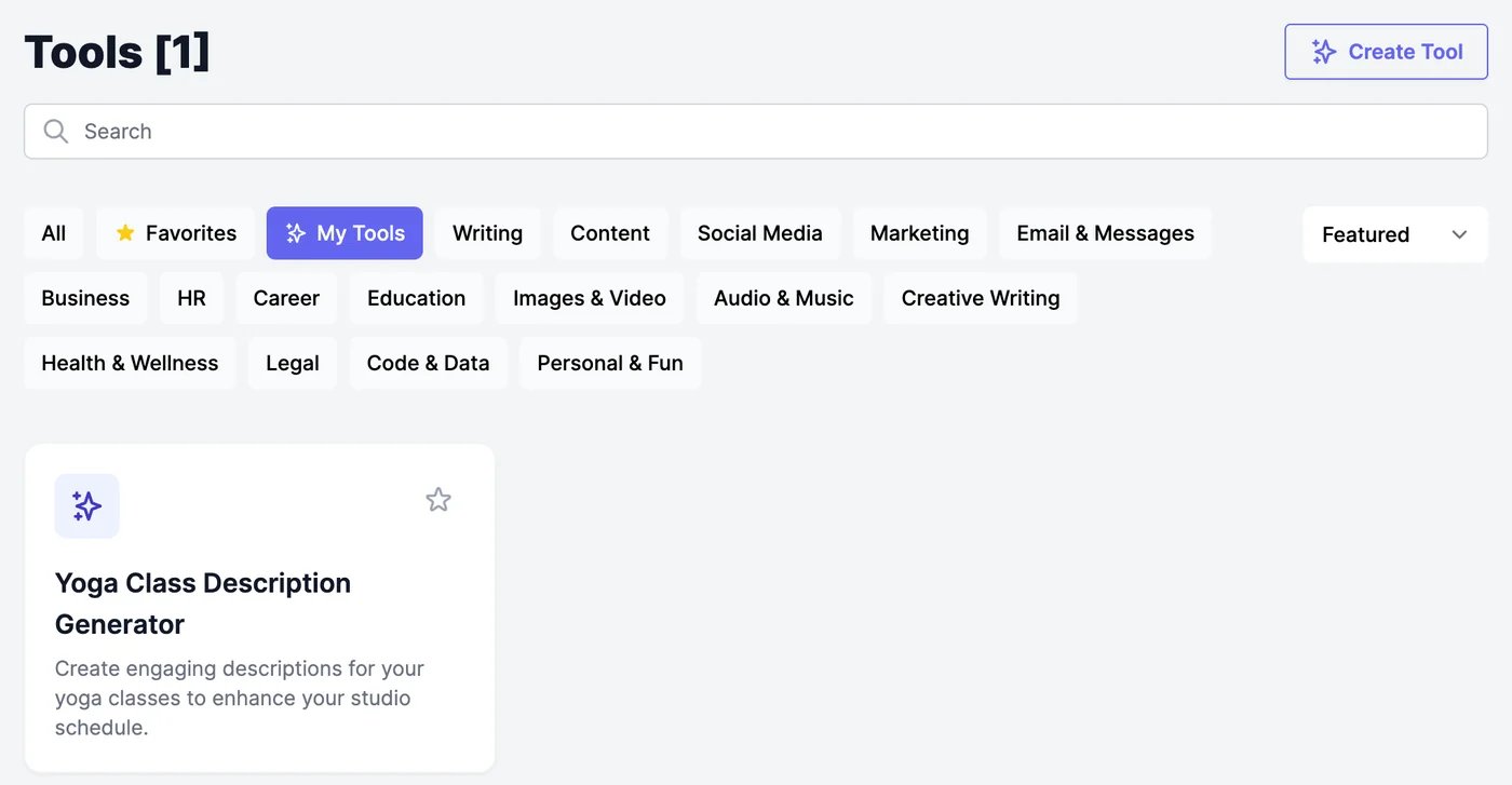 The Tools page filtered to My Tools, showing one tool, Yoga Class Description Generator
