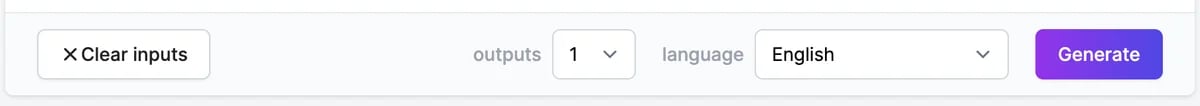 The bar under the form: Clear inputs, outputs 1, language English, and Generate
