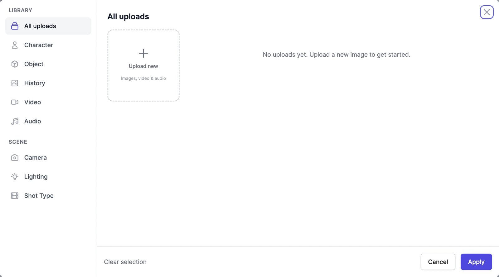 The Add media window: Library tabs All uploads, Character, Object, History, Video, and Audio; Scene tabs Camera, Lighting, and Shot Type; an Upload new tile for images, video and audio; and Clear selection, Cancel, and Apply buttons