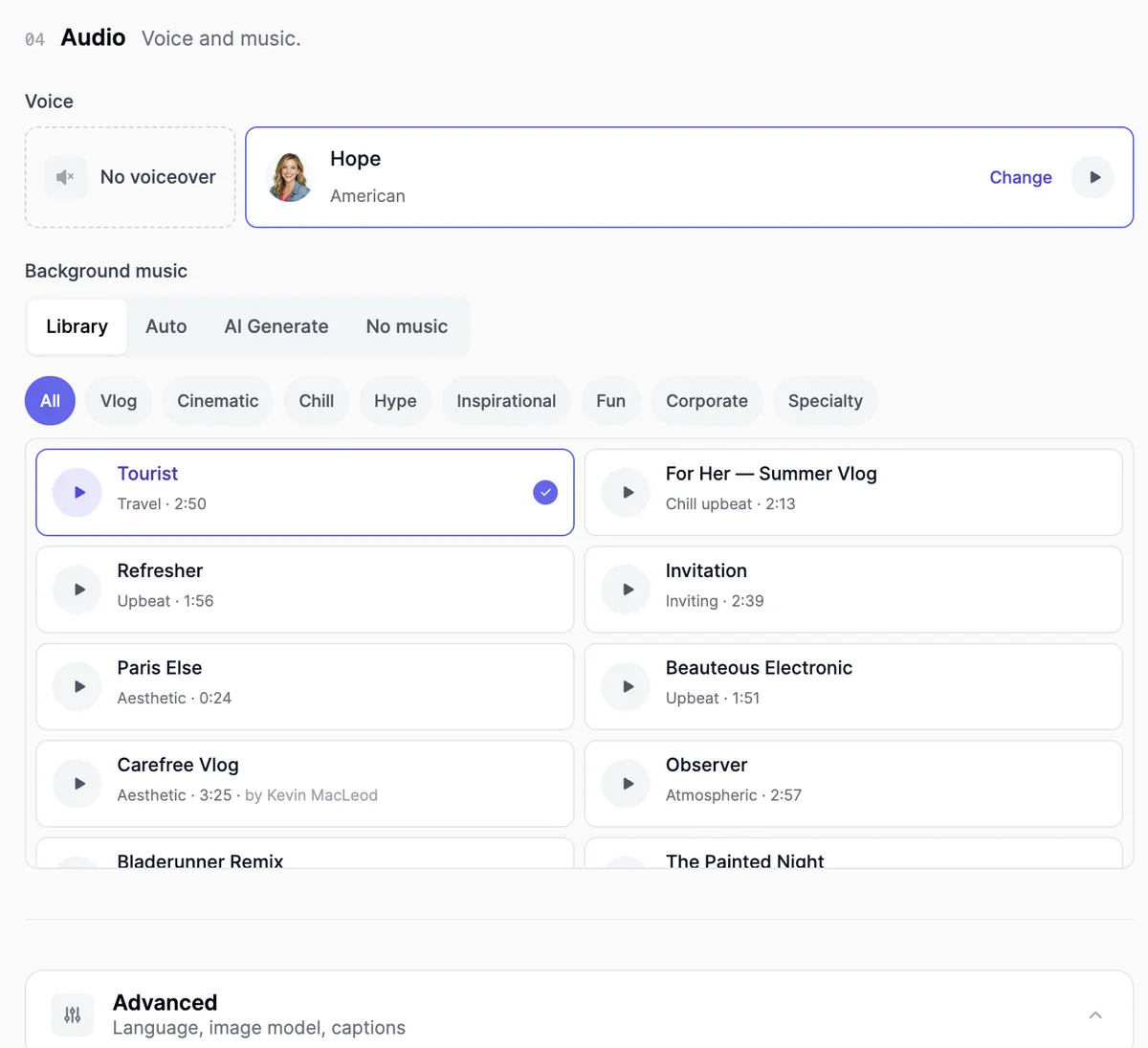 The Audio section: Voice with No voiceover or Hope (American) with Change and a play button; Background music tabs Library (selected), Auto, AI Generate, and No music; category chips; and a list of tracks with Tourist selected