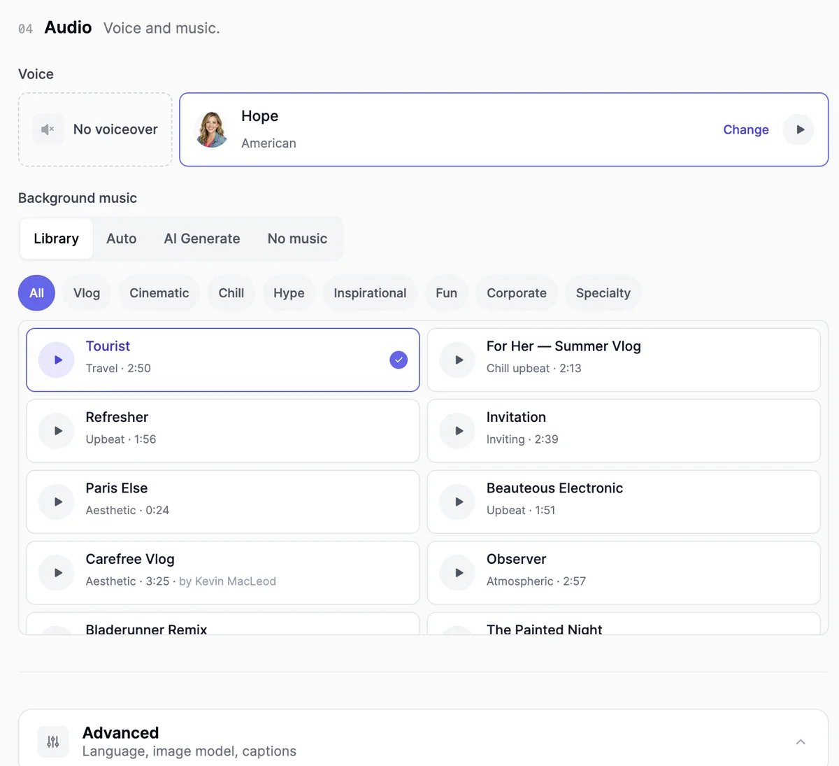 The Audio section: Voice with No voiceover or Hope (American) with Change and a play button; Background music tabs Library (selected), Auto, AI Generate, and No music; category chips; and a list of tracks with Tourist selected