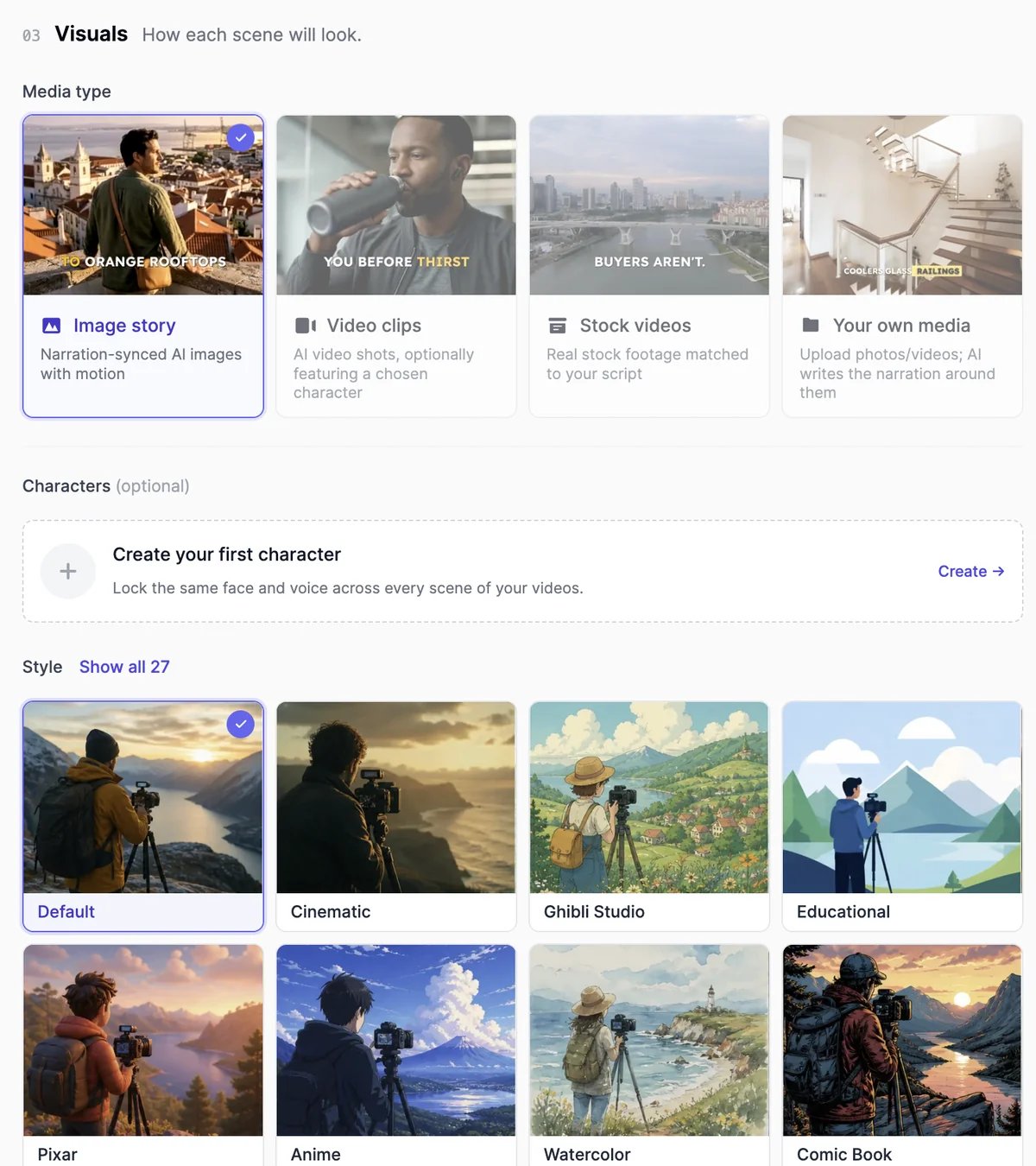 The Visuals section: Media type cards Image story (selected), Video clips, Stock videos, and Your own media; Characters (optional) with Create your first character; and Style cards Default (selected), Cinematic, Ghibli Studio, Educational, Pixar, Anime, Watercolor, and Comic Book