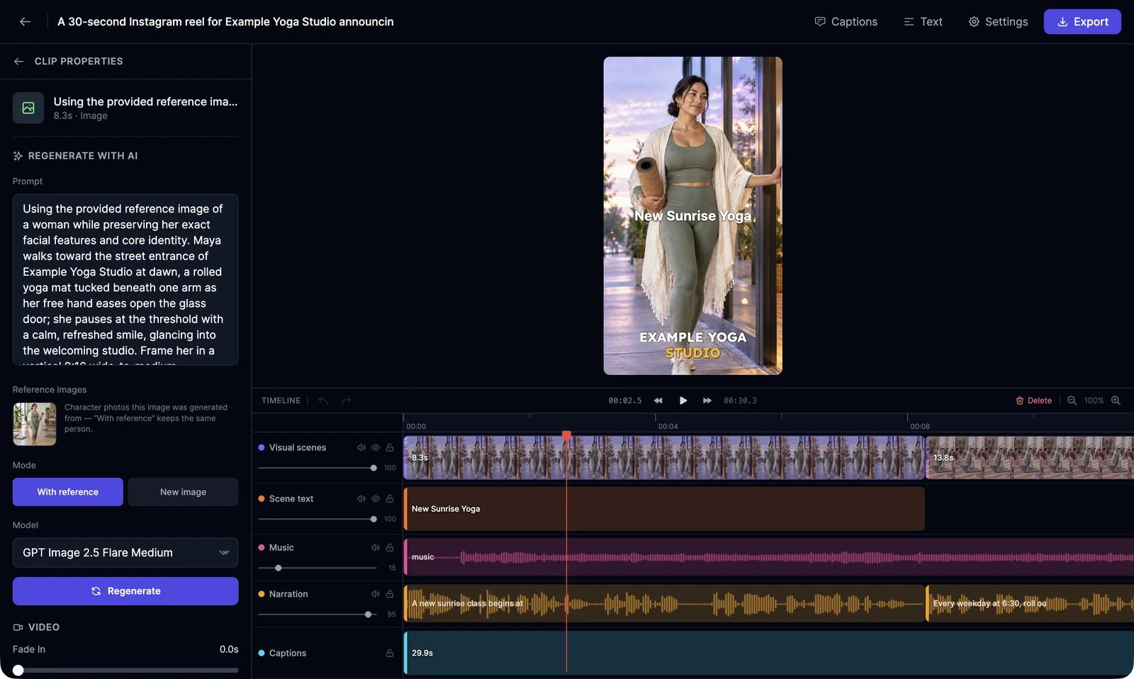 Clip Properties for an image scene: Regenerate with AI with the scene's prompt, the reference image of the character, Mode With reference or New image, the model GPT Image 2.5 Flare Medium, and a Regenerate button