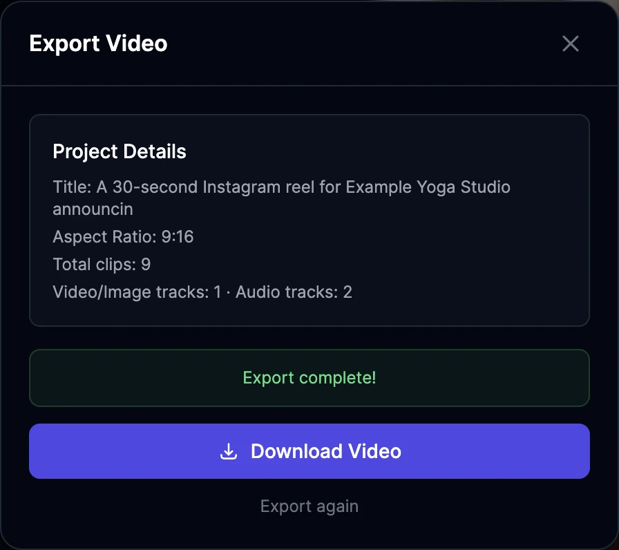 The Export Video window after rendering: Export complete!, a Download Video button, and Export again