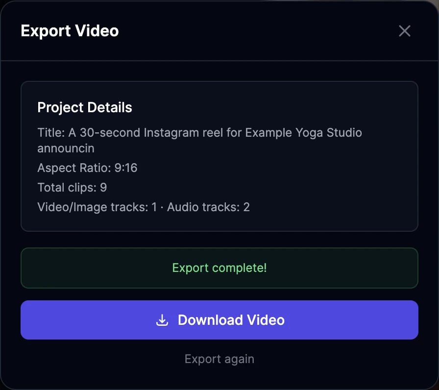 The Export Video window after rendering: Export complete!, a Download Video button, and Export again