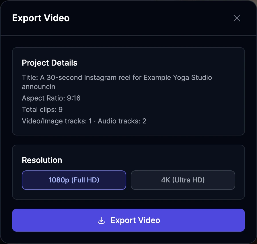 The Export Video window with Project Details (title, aspect ratio 9:16, 9 clips, 1 video and image track, 2 audio tracks), Resolution 1080p (Full HD) or 4K (Ultra HD), and an Export Video button