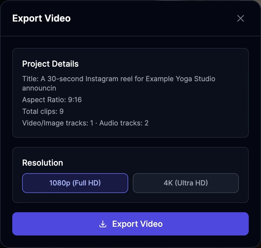 The Export Video window with Project Details (title, aspect ratio 9:16, 9 clips, 1 video and image track, 2 audio tracks), Resolution 1080p (Full HD) or 4K (Ultra HD), and an Export Video button