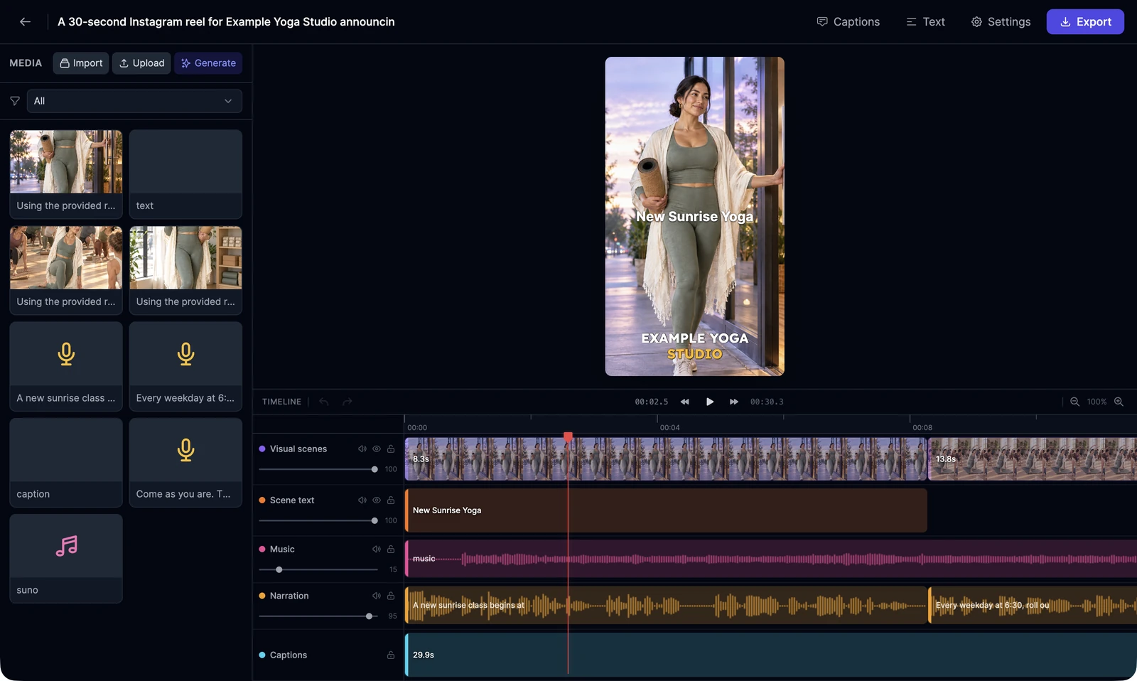 The Video Editor: the media library with images, voiceover clips, and music on the left; the vertical preview with the text New Sunrise Yoga and a caption in the middle; and a timeline with Visual scenes, Scene text, Music, Narration, and Captions tracks at the bottom; Captions, Text, Settings, and Export buttons at the top