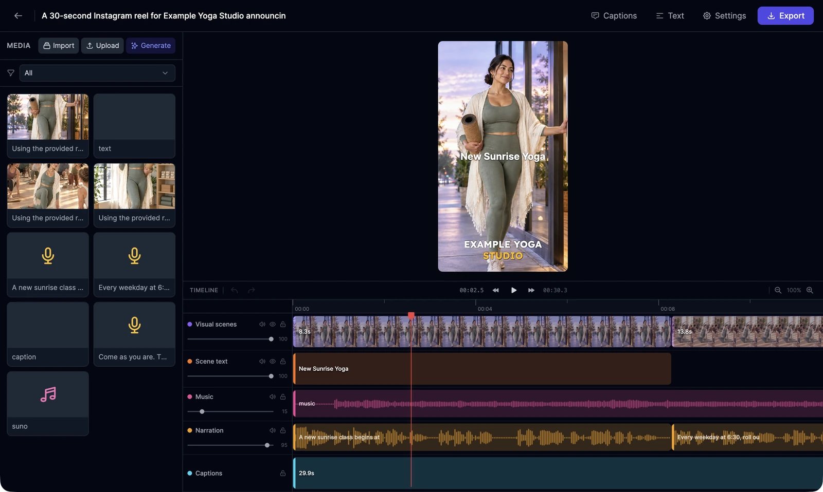 The Video Editor: the media library with images, voiceover clips, and music on the left; the vertical preview with the text New Sunrise Yoga and a caption in the middle; and a timeline with Visual scenes, Scene text, Music, Narration, and Captions tracks at the bottom; Captions, Text, Settings, and Export buttons at the top