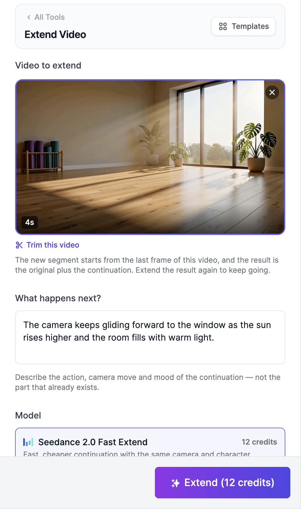 Extend Video with a 4-second yoga studio clip under Video to extend, a Trim this video link, the note that the new segment starts from the last frame, a What happens next? prompt, the first model card, and an Extend (12 credits) button