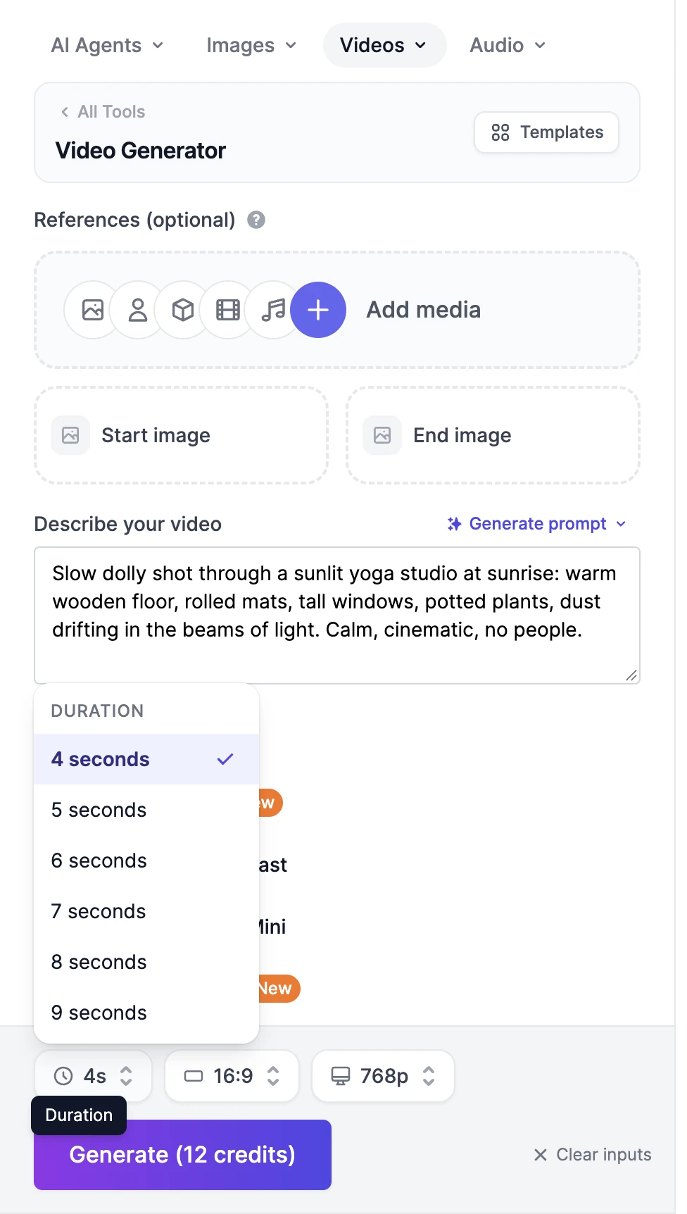 The Duration menu open above the bottom bar, listing 4 seconds (selected), 5, 6, 7, 8, and 9 seconds
