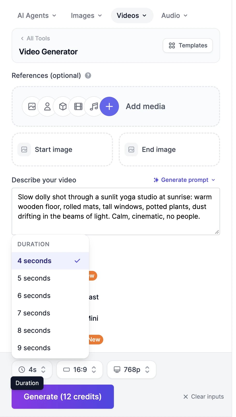 The Duration menu open above the bottom bar, listing 4 seconds (selected), 5, 6, 7, 8, and 9 seconds