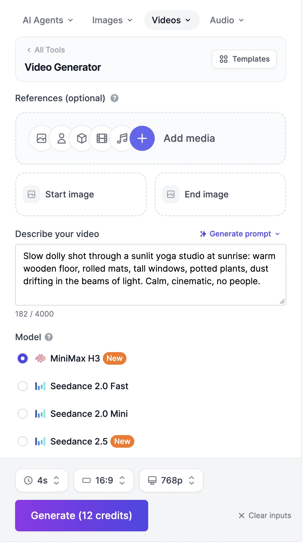 The left panel of the Video Generator: References with Add media, Start image and End image, a prompt about a sunlit yoga studio, the model list with MiniMax H3 selected, and a bottom bar with 4s, 16:9, 768p, and Generate (12 credits)