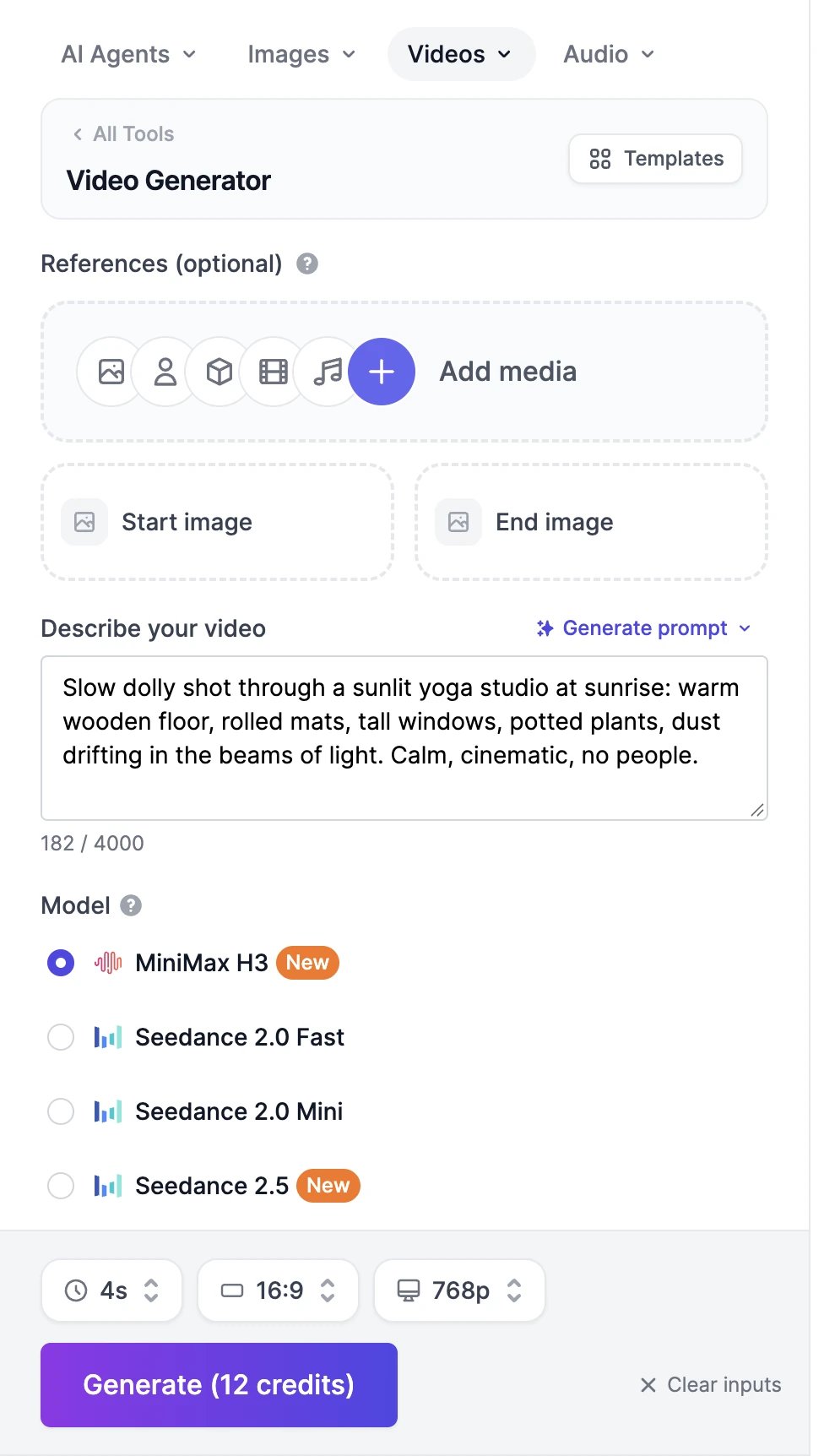 The left panel of the Video Generator: References with Add media, Start image and End image, a prompt about a sunlit yoga studio, the model list with MiniMax H3 selected, and a bottom bar with 4s, 16:9, 768p, and Generate (12 credits)