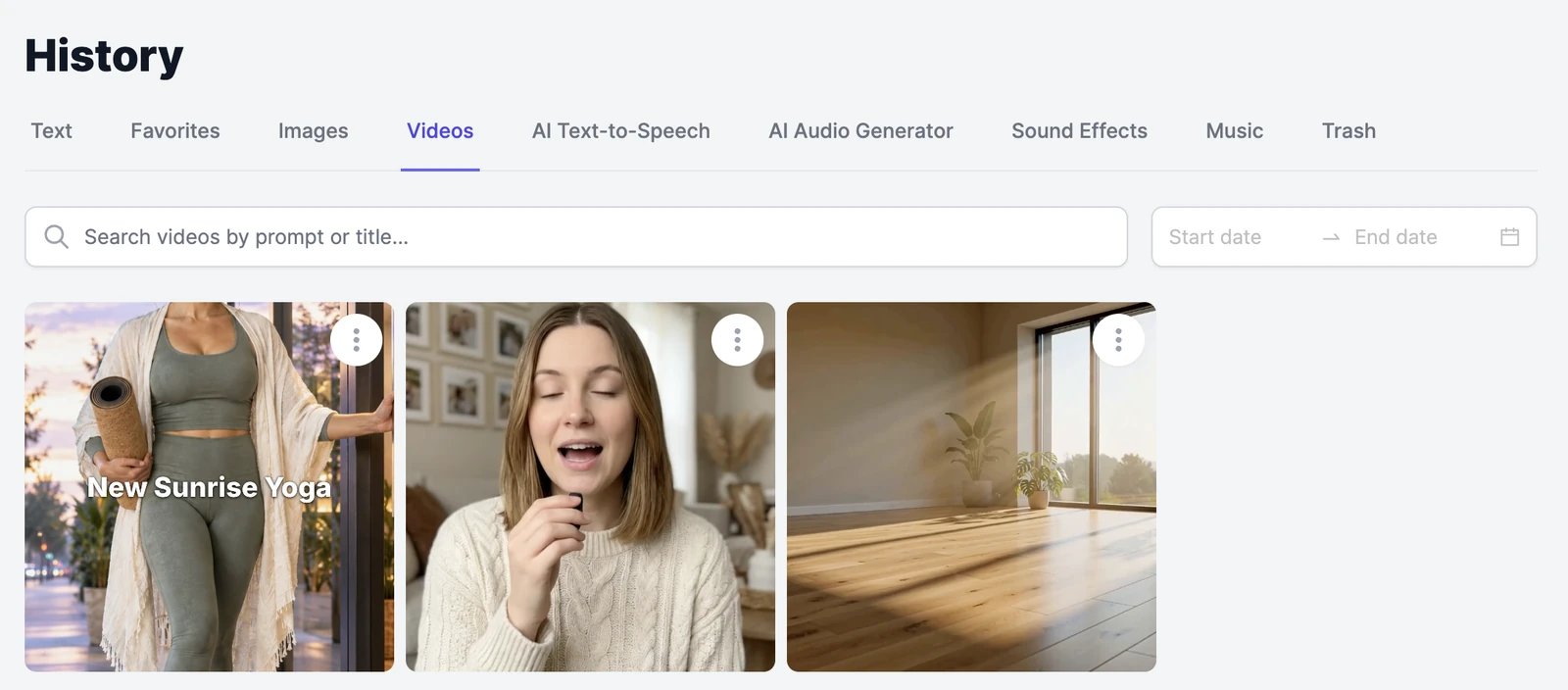History with the Videos tab selected, a search box for prompts or titles, a date range filter, and three videos: a Video Editor export, a talking video, and a generated video of a yoga studio