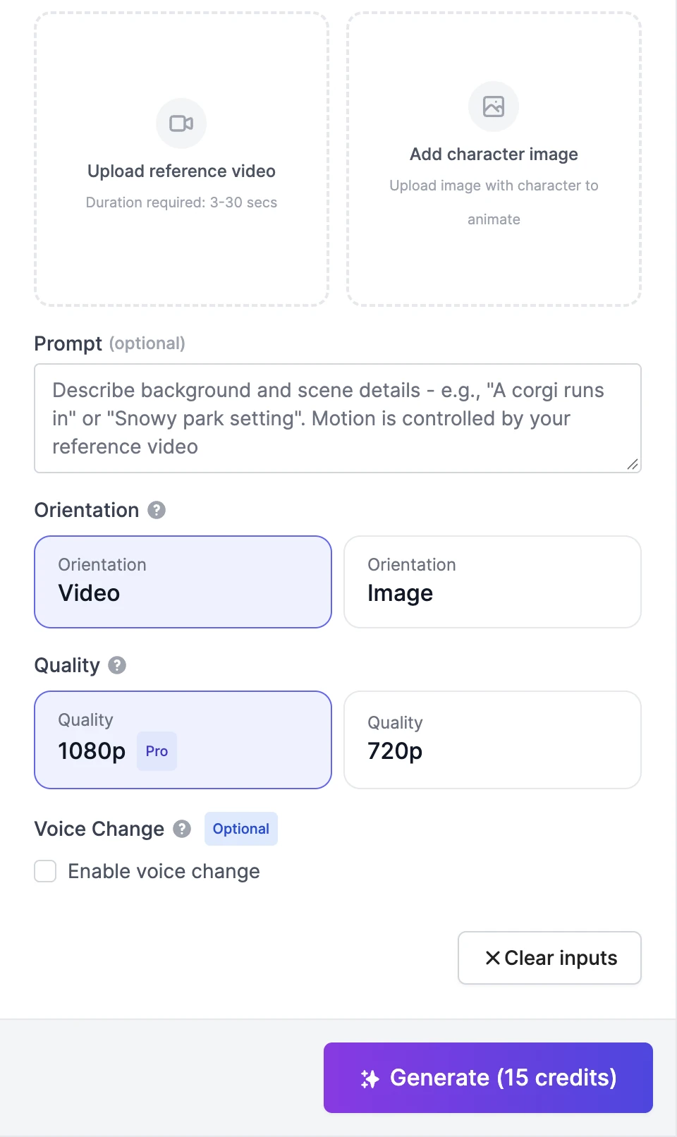 Motion Control with Upload reference video (Duration required: 3-30 secs) and Add character image tiles, an optional prompt, Orientation Video or Image, Quality 1080p Pro or 720p, a Voice Change checkbox, and a Generate (15 credits) button